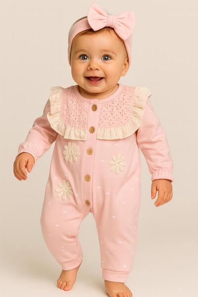 RAPAPA Baby Girl Floral Embroidered Bandana Ruffle Romper – Pink 9340