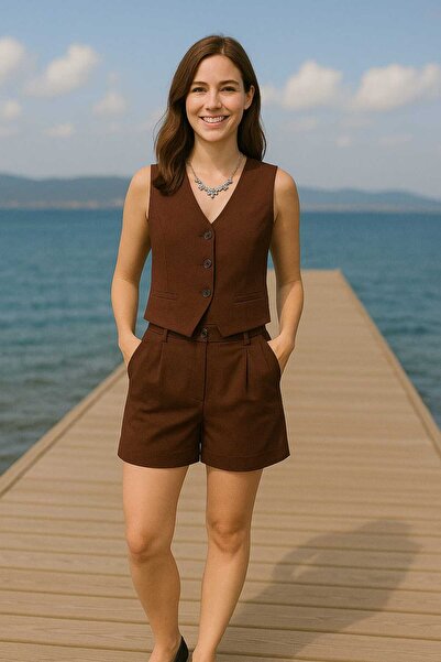 BRAMA Kadın kahve Blazer şık düğmeli yelek