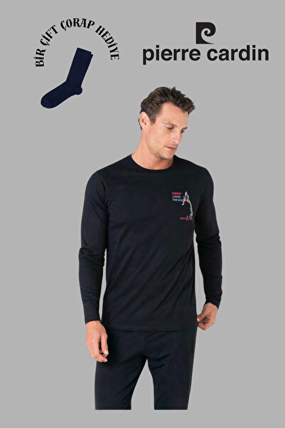 Pierre Cardin Чоловічий чорний довгий рукав бавовняний піжамний комплект 1 пара шкарпеток в подарунок