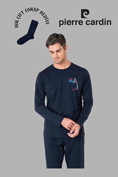 Pierre Cardin Чоловічий темно-синій комплект піжами з довгими рукавами з бавовни, 1 пара шкарпеток у подарунок