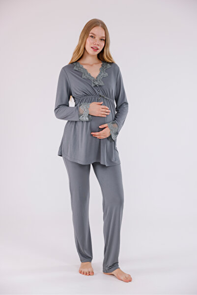 Yulem Homewear Smoked Patterned Long Sleeve Cotton Maternity Pajama Set and Nightgown 4-Piece Set