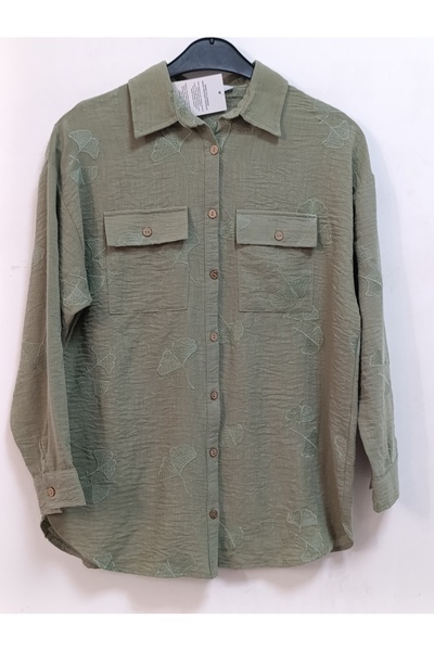 AKŞEN GİYİM Plus Size 100% Cotton Linen Double Pocket Embroidered Cuff Sleeve Shirt