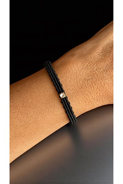 Bensei Takı Dükkanı BENSEİ Altın Kaplama Zirkon Aksesuarlı, Mikro Düğüm Siyah...