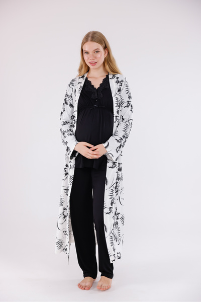 Yulem Homewear Black Patterned Long Sleeve Cotton Maternity Pajama Set and Nightgown 4-Piece Set