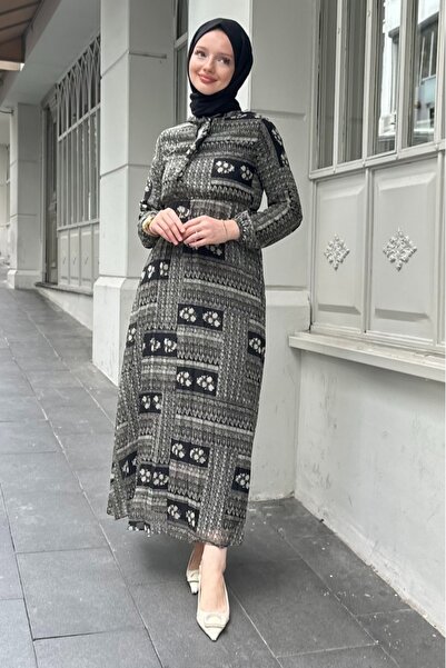 Kombinazon Sera Mini Patterned Fully Lined Chiffon Black Dress