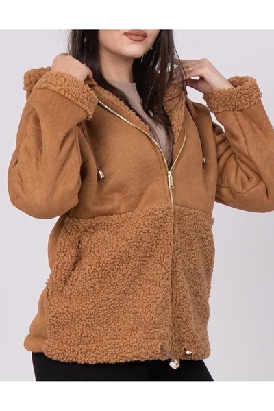 Marjinal Süet Peluş Karışımlı Kapişonlu Fermuarlı İçi peluş Ceket