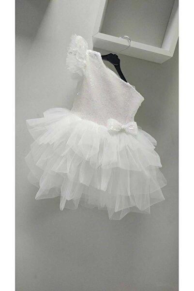 babysmile White One Shoulder Sleeve Detail Girls Dress