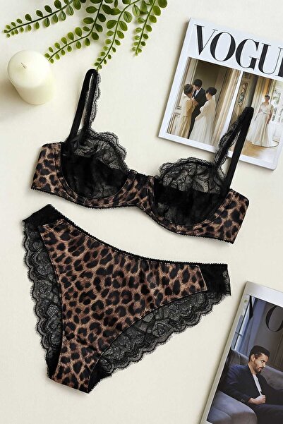 İntive Lingerie Σετ εσώρουχα με λεοπάρ στάμπα με δαντέλα - Κομψό σετ εσωρούχων