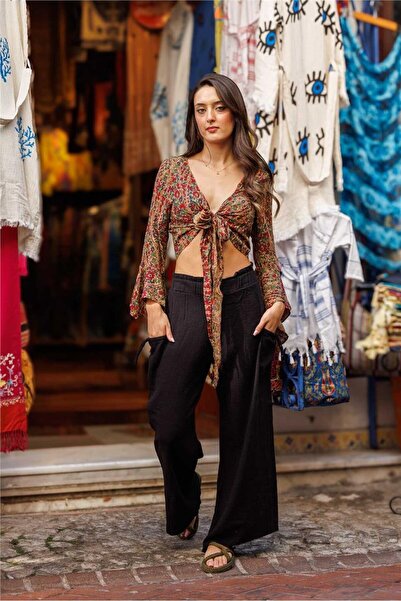 Miss Boheme Yeşil Renk İspanyol Kol Çiçek Desenli Bluz