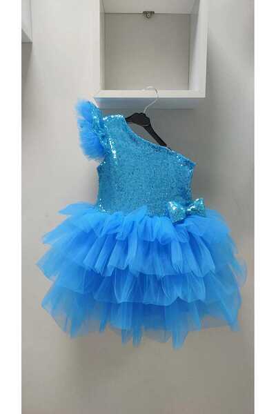 babysmile Blue One Shoulder Sleeve Detail Girls Dress