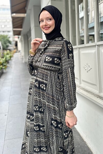 Kombinazon Sera Mini Patterned Fully Lined Chiffon Black Dress