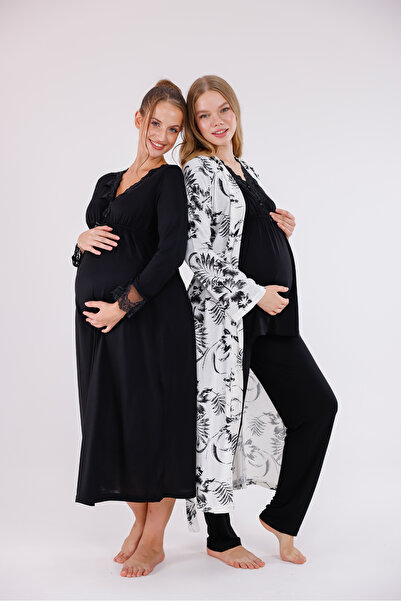 Yulem Homewear Black Patterned Long Sleeve Cotton Maternity Pajama Set and Nightgown 4-Piece Set