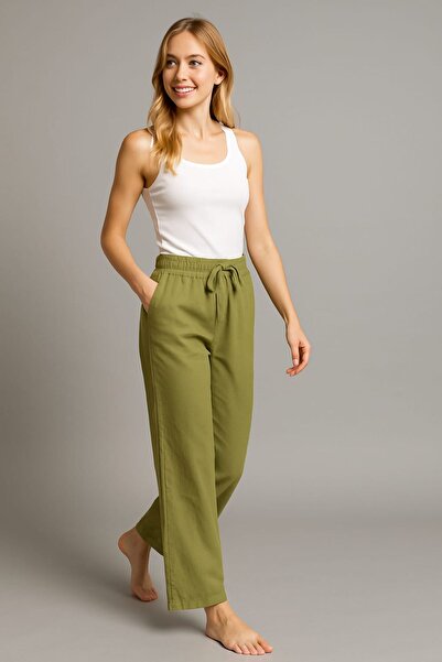 enmodaiçgiyim Khaki 100% Cotton Gabardine Wide Leg Women's Trousers – Elastic Waist, Two Pockets, Comfortable, Suitable for All Seasons