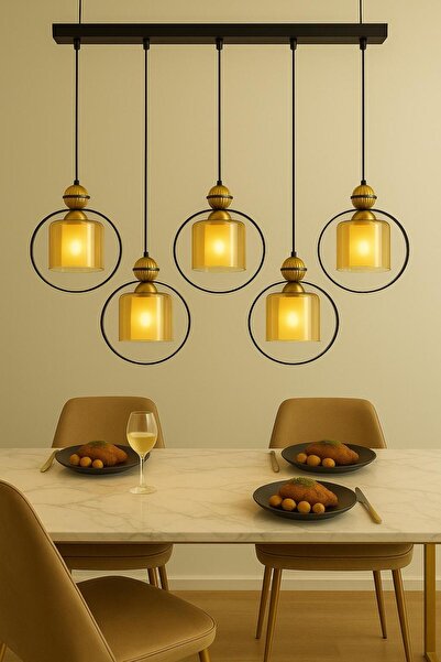 VENON Hivda 5.li Sıralı Siyah-Gold Yemek Masası Üstü Avizesi Sarkıt Avize Sal...