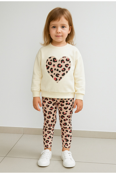 KGN GİYİM Girl's Heart Embroidered Bottom Top Winter Leggings Set