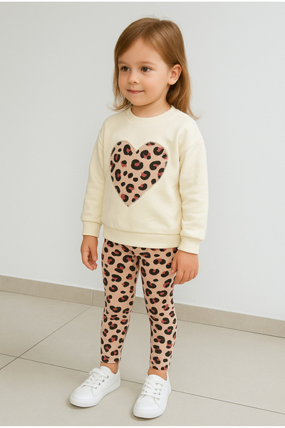 KGN GİYİM Girl's Heart Embroidered Bottom Top Winter Leggings Set