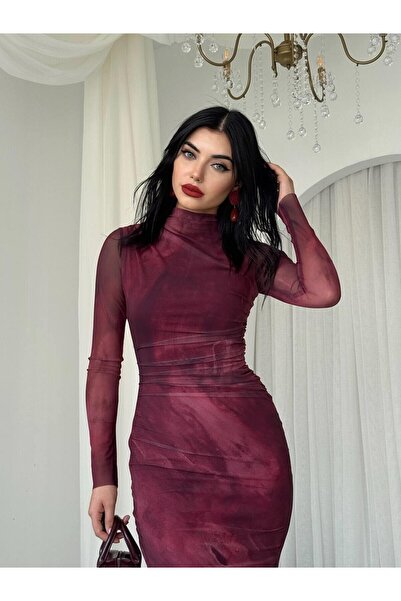 Julidress Bordo Desenli Dik Yaka Astarlı Premium Tül Elbise