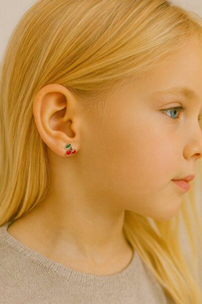 1PARÇAMAVİ Bordo Kirazlı kıstırmalı delik gerektirmeyen çocuk küpesi