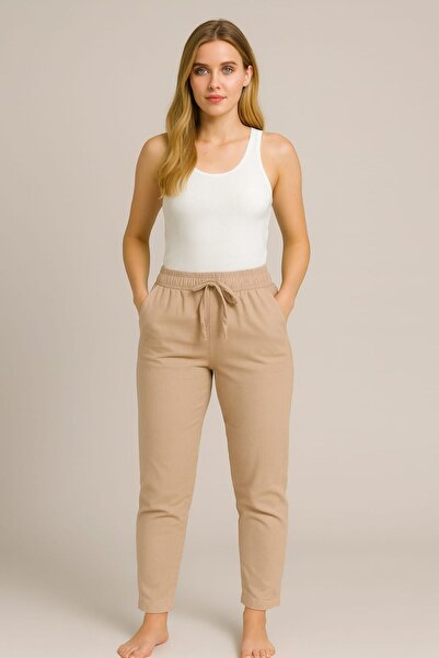 enmodaiçgiyim Bej %100 Pamuk Gabardin Dar Paça Kadın Pantolon – Beli Lastikli...
