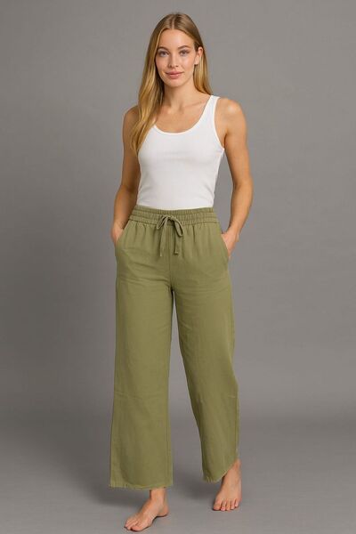 enmodaiçgiyim Khaki 100% Cotton Gabardine Wide Leg Women's Trousers – Elastic Waist, Two Pockets, Comfortable, Suitable for All Seasons