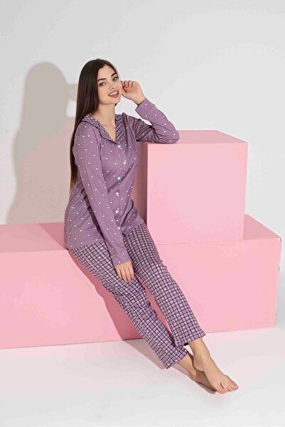 Tarık Women's Heart Patterned Long Sleeve Interlock Combed Cotton Fabric Front Buttoned Seasonal Pajama Set