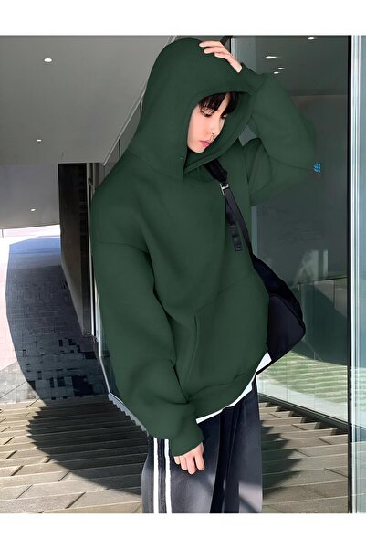 trendgar Yeşil Kapşonlu Kanguru Cepli Sweatshirt Hodie