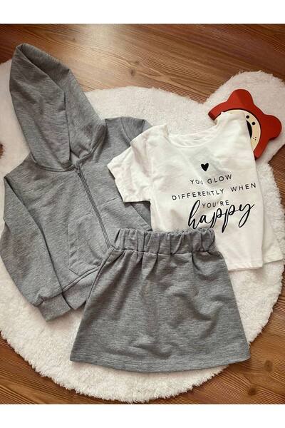 EKNKİDS Girl's 3-Piece Suit Cardigan Skirt T-Shirt