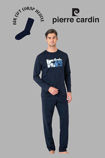 Pierre Cardin Чоловічий темно-синій комплект піжами з довгими рукавами з бавовни, 1 пара шкарпеток у подарунок