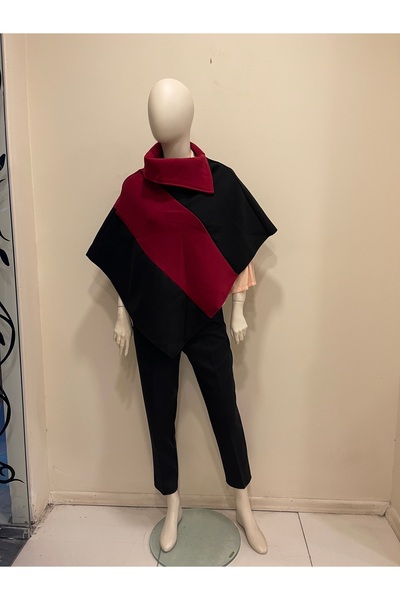 Pitti Women's Poncho Burgundy Black Woolen Cashmere Unlined 70257