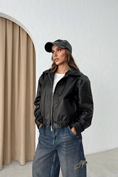 Genel Markalar Bel Lastik Detaylı Astarlı Deri Ceket