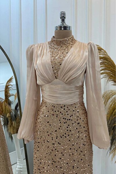 Halezademoda Balon Kollu Pullu Tesettür Abiye