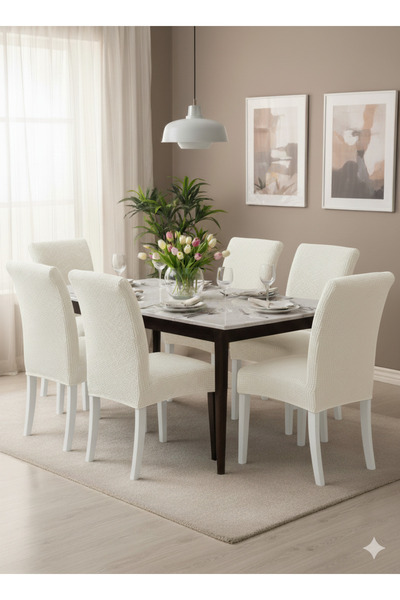 OSIO Likralı 6'lı Sandalye Örtüsü Krem Esnek Kumaş Krem