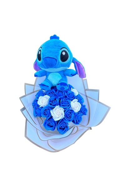 velve Buchet premium Stitch cu 31 trandafiri de sapun, Albastru-Alb