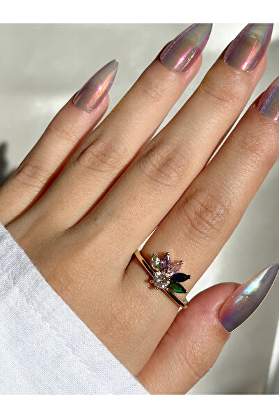 Eylülün Takısı Women's Gold Color Colorful Stone Ring