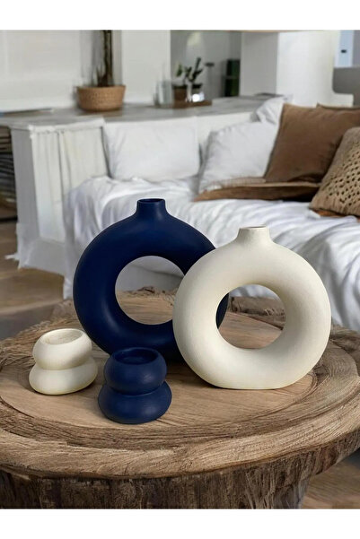 Porselian Set decorativ de 4 suporturi pentru lumânări și vază, boem, bleumar...