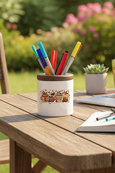 giftkonsept حامل أقلام سيراميك مطبوع بتصميم الخريف رقم 5، منظم سطح المكتب