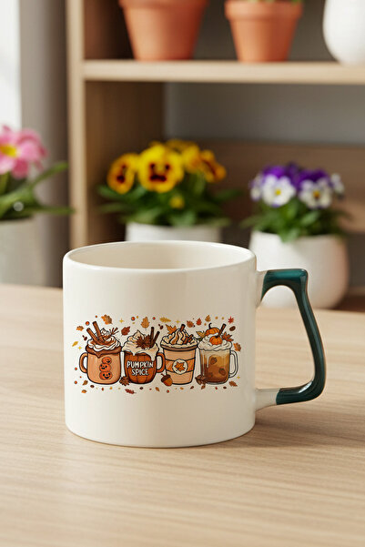 giftkonsept Sonbahar Temalı Kahveler No:5 Baskılı Yeşil D Kulplu Kupa Bardak