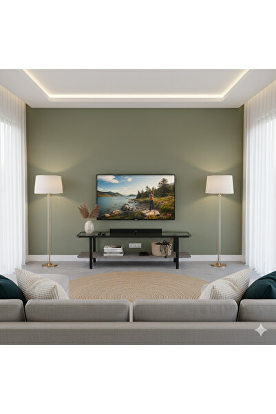 private house Modern and elegant TV table with glass top and wooden lower shelf, gray color, 160*40*50 cm