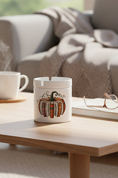 giftkonsept Autumn Themed Pumpkin Books Printed Ceramic Lid Unscented Ashtray