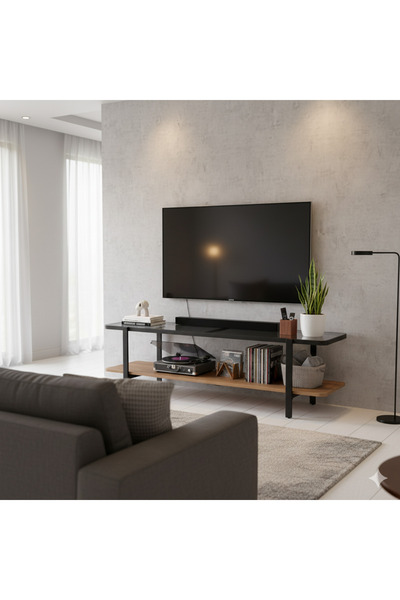 private house Modern and elegant TV table with glass top and wooden lower shelf, light brown color, 160*40*50 cm