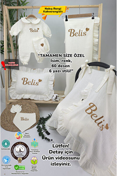 gros shop Müslin Yeni Doğan 4Katlı Organik %100Pamuk Kişiye Özgü Nakışlı Hast...