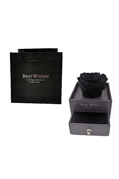 velve Cutie tip sertar cu trandafir criogenat si punga cadou, Negru