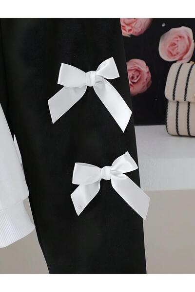 BYMEER Siyah Ve Beyaz Kız Çocuk Kurdela Detaylı Alt Üst Takım