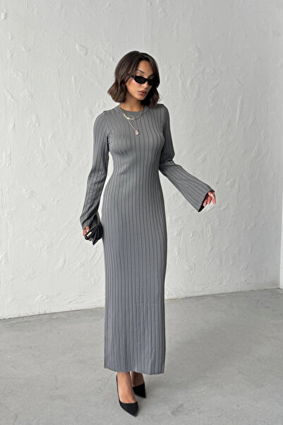 Lusin Women's Gray Long Sleeve Stylish Elegant Midi Length Knit Dress