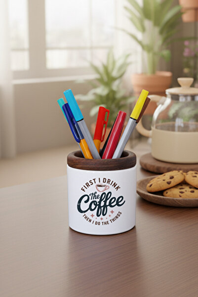 giftkonsept حامل أقلام سيراميك مطبوع عليه عبارة "أولاً أشرب القهوة" لتنظيم سط...