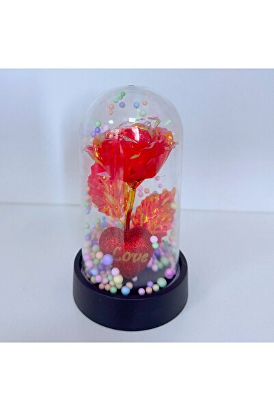 velve Aranjament Bubble Tea in Love in Cupola Sticla,Trandafir artizanal,LED,elemente Valentine's Day,Rosu