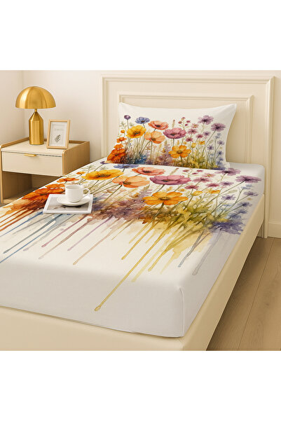 Else Dekor Σετ σεντόνια μονό κρεβάτι με μοτίβο ακουαρέλας λουλούδια με ελαστικό κορδόνι και μαξιλαροθήκη 100x200cm