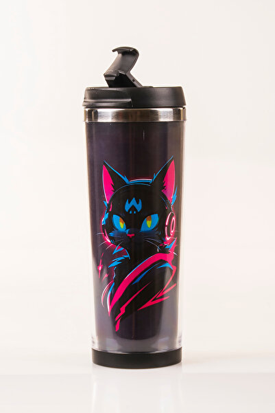 MUKKO HOME Cat Decorated Steel Mug - 360 ml |   Leak-Proof Lid, Steel Inner Bowl, 19 cm