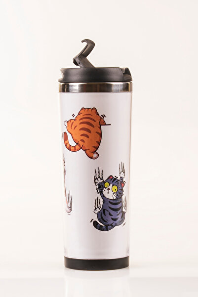 MUKKO HOME Cat Decorated Steel Mug - 360 ml |   Leak-Proof Lid, Steel Inner Bowl, 19 cm