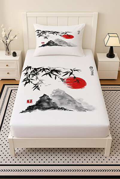 Else Dekor Σετ σεντόνια μονό κρεβάτι με μοτίβο ιαπωνικών βουνών με ελαστικό κορδόνι και μαξιλαροθήκη 100x200cm